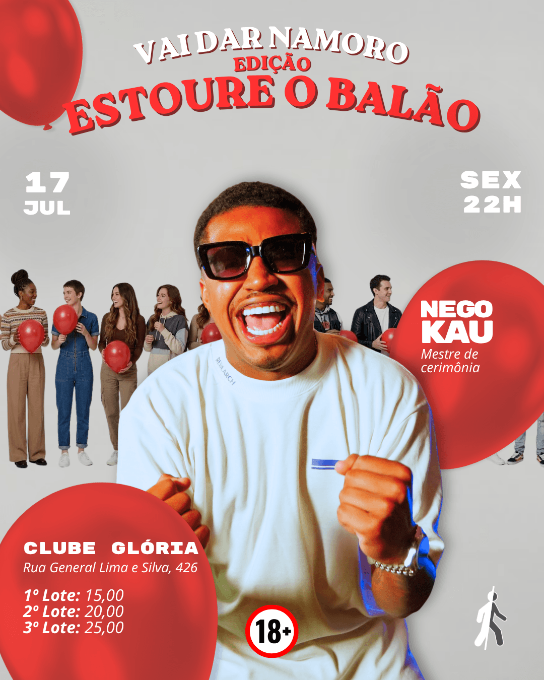 Flyer oficial — Vai Dar Namoro · Estoure o Balão · 17 de julho no Clube Glória